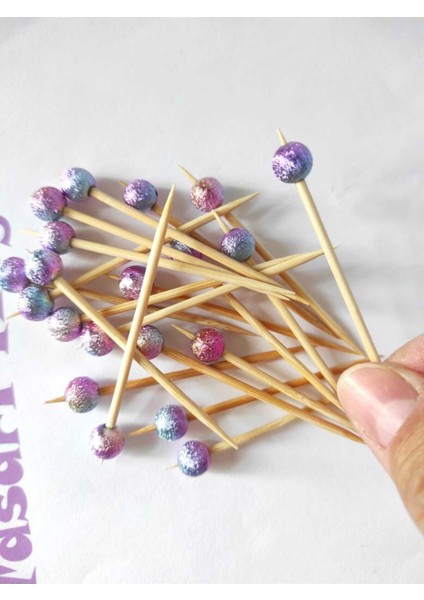 100 Adet Dekoratif Pembe Geçişli Simli Boncuklu Kokteyl Kürdanı 6 cm - Boncuk 8 mm - Pasta Kürdanı fiyatları