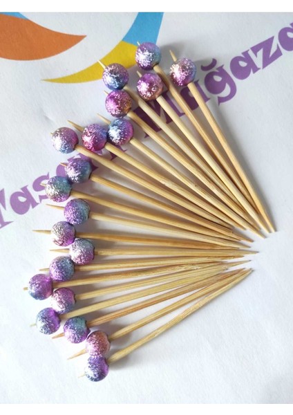 100 Adet Dekoratif Pembe Geçişli Simli Boncuklu Kokteyl Kürdanı 6 cm - Boncuk 8 mm - Pasta Kürdanı modelleri