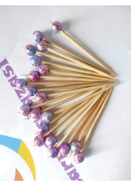 100 Adet Dekoratif Pembe Geçişli Simli Boncuklu Kokteyl Kürdanı 6 cm - Boncuk 8 mm - Pasta Kürdanı fırsatları