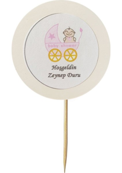 20 Adet Kişiye Özel Pembe Yuvarlak Bayraklı Hoşgeldin Bebek Kürdanı - Toothpick