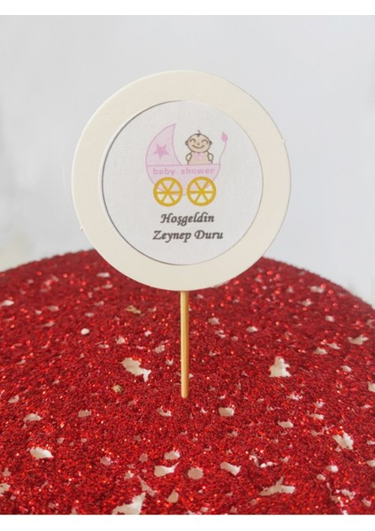 20 Adet Kişiye Özel Pembe Yuvarlak Bayraklı Hoşgeldin Bebek Kürdanı - Toothpick modelleri