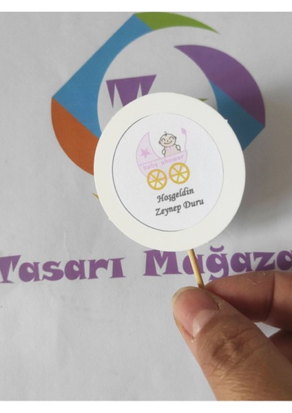20 Adet Kişiye Özel Pembe Yuvarlak Bayraklı Hoşgeldin Bebek Kürdanı - Toothpick indirimleri
