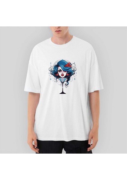 Woman In Martini Glas Oversize Beyaz Tişört