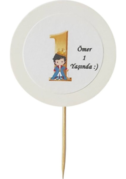 20 Adet Kişiye Özel Mavi Yuvarlak Bayraklı 1 Yaş Kürdanı - Toothpick