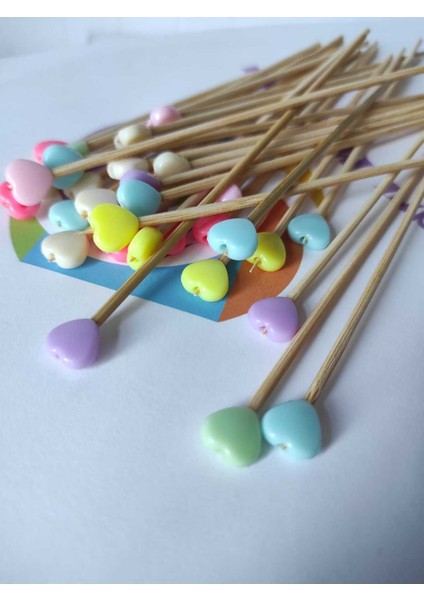15 cm Uzun Kürdan - 30 Adet Soft Renkli Kalp Boncuklu Kokteyl Karıştırıcı