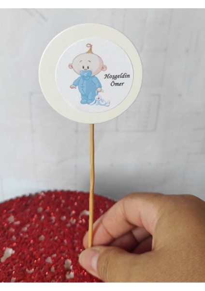 15 cm Uzun Kürdan - 20 Adet Kişiye Özel Mavi Yuvarlak Bayraklı Ayakta Bebek Pasta Kürdanı