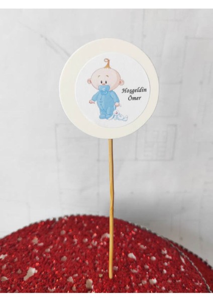 15 cm Uzun Kürdan - 20 Adet Kişiye Özel Mavi Yuvarlak Bayraklı Ayakta Bebek Pasta Kürdanı