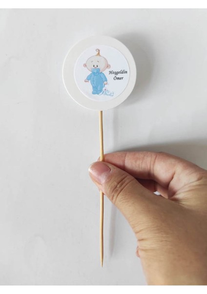 15 cm Uzun Kürdan - 20 Adet Kişiye Özel Mavi Yuvarlak Bayraklı Ayakta Bebek Pasta Kürdanı
