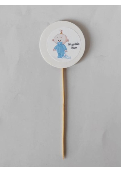 15 cm Uzun Kürdan - 20 Adet Kişiye Özel Mavi Yuvarlak Bayraklı Ayakta Bebek Pasta Kürdanı