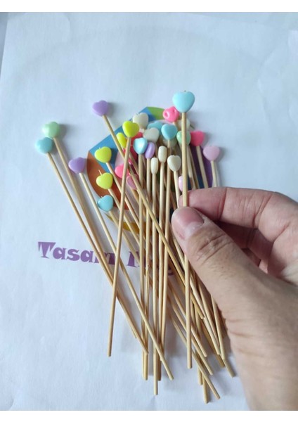 15 cm Uzun Kürdan - 30 Adet Soft Renkli Kalp Boncuklu Kokteyl Karıştırıcı modelleri