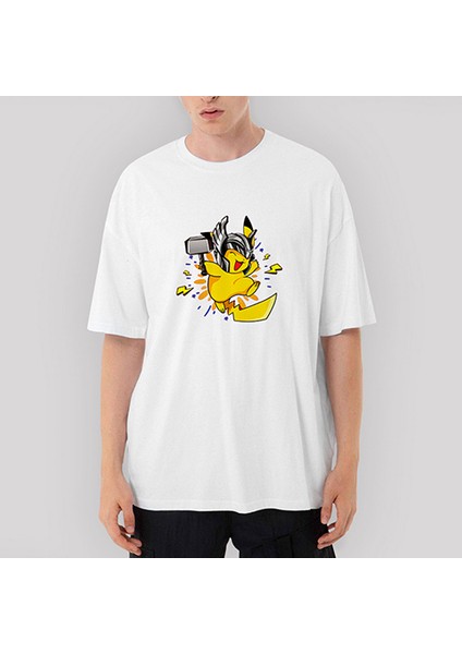 Pikachu Thor Oversize Beyaz Tişört