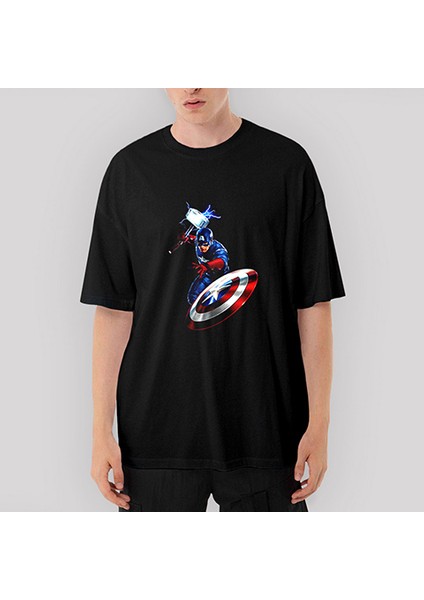 Captain America Mjolnir And Shield Oversize Siyah Tişört