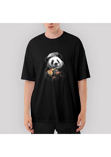 Panda Pizza Oversize Siyah Tişört