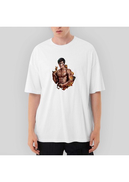 Bruce Lee Kick Dragon Oversize Beyaz Tişört