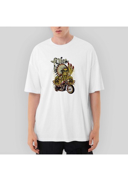 Motorcycle Skull Rider Oversize Beyaz Tişört