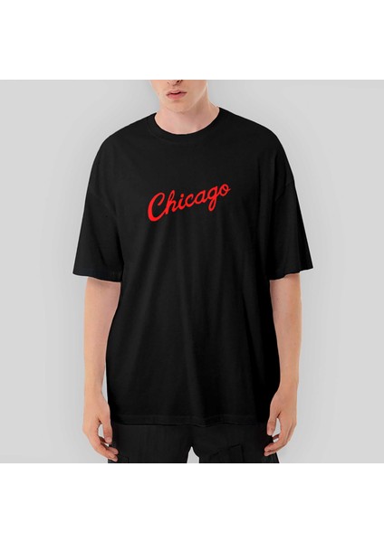 Chicago Yazı Oversize Siyah Tişört