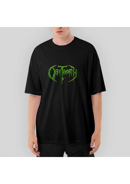 Obituary Logo Green Oversize Siyah Tişört