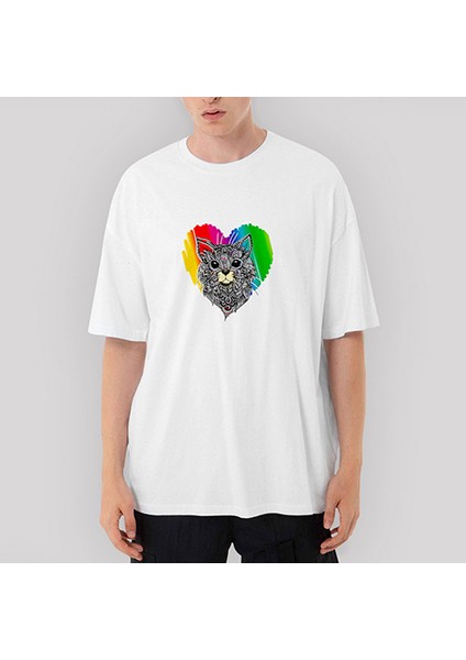 Kedi Gökkuşağı Oversize Beyaz Tişört