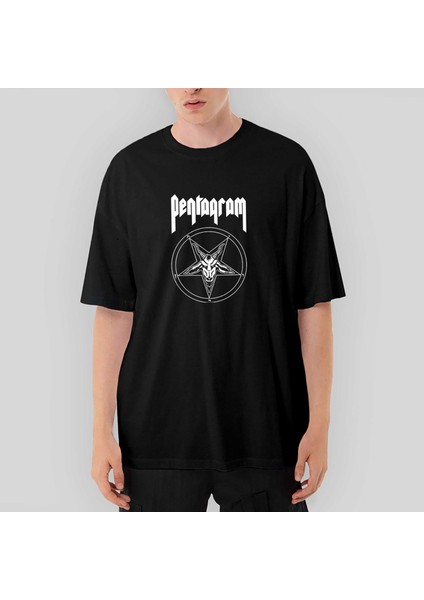 Pentagram Logo And Text 2 Oversize Siyah Tişört