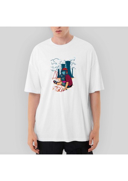 Gas Mask Boy Cartoon Oversize Beyaz Tişört