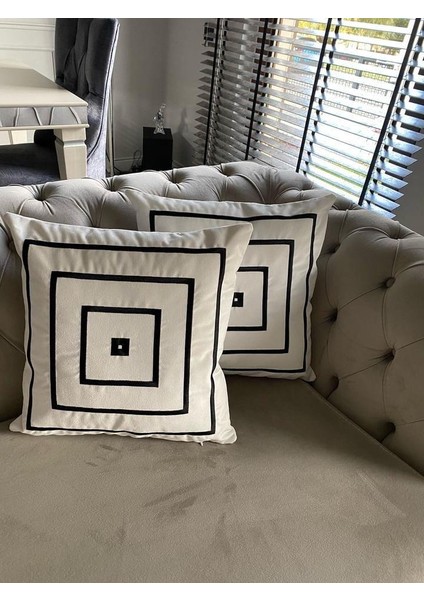 Nakışlı Kırlent Kılıfı Kare Model Ekru-Siyah