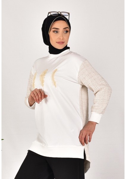 10559 Puane Iki Iplik Kumaş Kolları ve Arkası Örgülü Sweatshirt