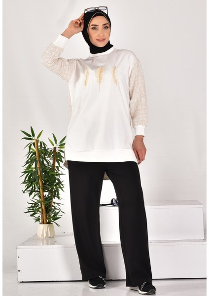 10559 Puane Iki Iplik Kumaş Kolları ve Arkası Örgülü Sweatshirt