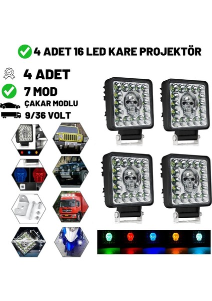 Kuru Kafa Cakarli Çalışma Lambası 4 Adet 16 LED Kare 5 Renk