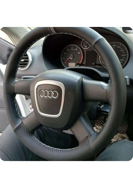 Dikişli Direksiyon Kılıfı Noktalı/Karbon Deri Gri Yüzük Gri Dikiş Audi Için