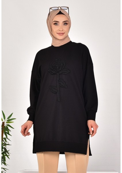 10584 Puane Iki Iplik Kumaş Incili ve Nakışlı Sweatshirt
