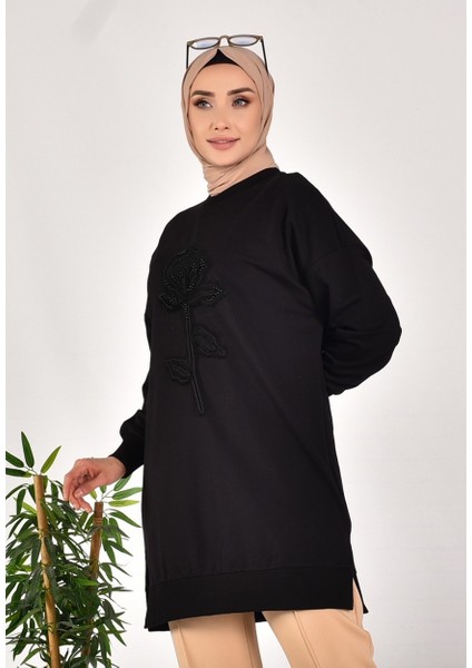 10584 Puane Iki Iplik Kumaş Incili ve Nakışlı Sweatshirt fiyatları