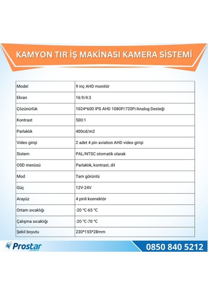 Kamyon Tır ve Iş Makinaları Için 9 Inç Ahd Monitörlü 108