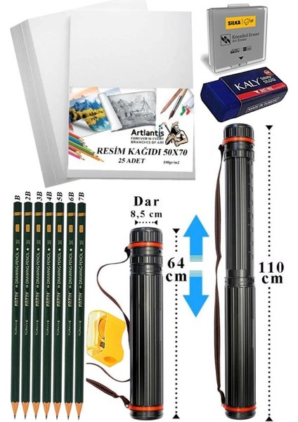 Proje Tüpü Dar 1 Adet 50X70 cm Resim Kağıdı 25 Adet Dereceli Resim Kalemi Bozuka Proje Tüpü Silindir Proje Tüpü