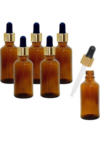 Altın - Siyah Cam Pipetli Amber Cam Şişeler 50 ml x 6 Adet