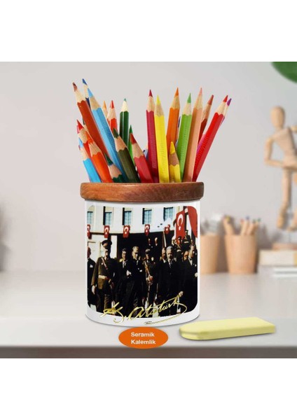 Cumhuriyet Dönemi Kemal Atatürk Ahşap Seramik Kalemlik-ata_354 fiyatları