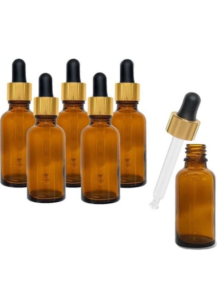 Altın - Siyah Cam Pipetli Amber Cam Şişeler 30 ml x 6 Adet