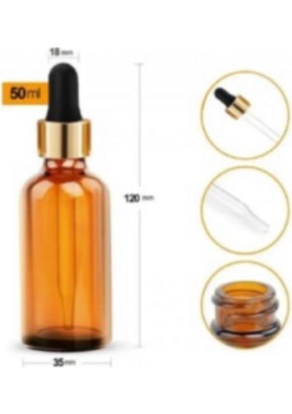 Cam Damlalıklı Amber Şişe - Ecza Şişesi - Dropper Şişe 50 ml x 6 Adet