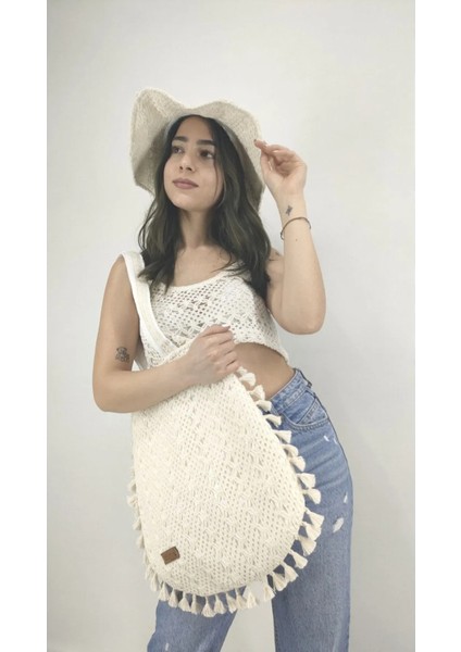 Buldan Işi Keten Örme Kadın Omuz Çantası ( Renk Krem)