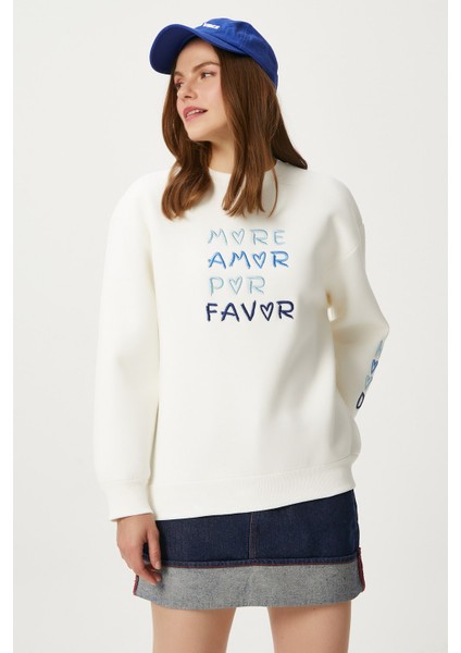 Kadın Amor Nakışlı Ekru Mavi Sweatshirt