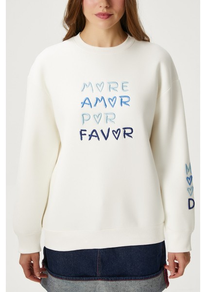 Kadın Amor Nakışlı Ekru Mavi Sweatshirt