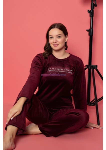 Renk Seçenekli Sade Düz Renk Kadın Kadife Pijama Takımı