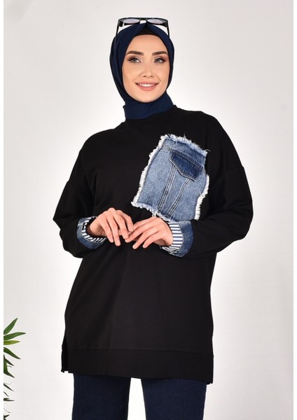10566 Puane Iki Iplik Kumaş Kot Kumaş Garnili Sweatshirt