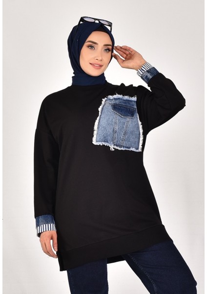 10566 Puane Iki Iplik Kumaş Kot Kumaş Garnili Sweatshirt