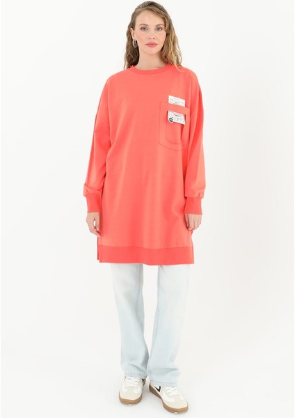 10597 Puane Iki Iplik Kumaş Cep ve Yazı Detaylı Sweatshirt