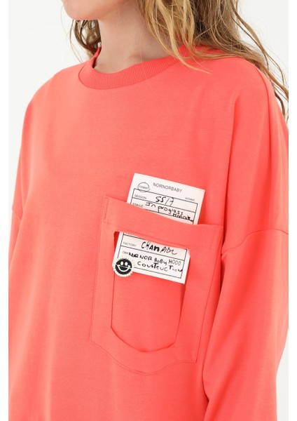 10597 Puane Iki Iplik Kumaş Cep ve Yazı Detaylı Sweatshirt
