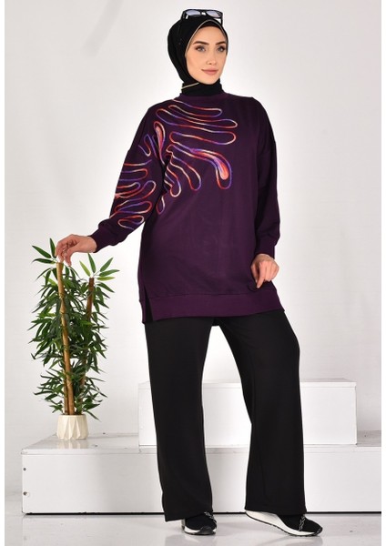 10583 Puane Iki Iplik Kuamş Örgü Desenli Sweatshirt
