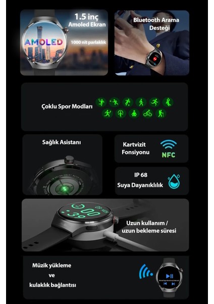 Spor Klasik Watch 4 Pro 46MM Akıllı Saat, Amoled Ekranlı Sesli Görüşmeli Huawei Iphone Uyumlu 8,9,10 fiyatları