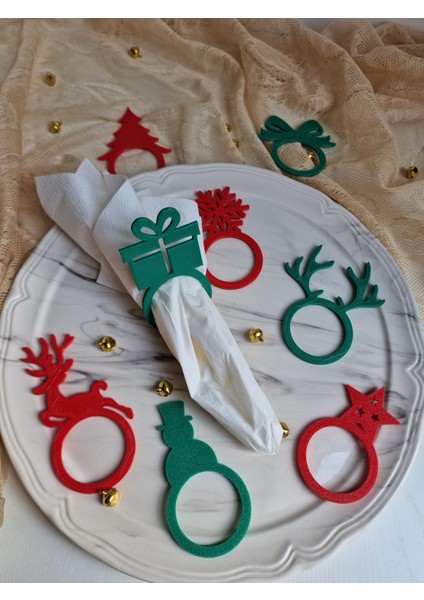 Yılbaşı Temalı 8 Li Yeşil- Kırmızı Renk Peçete Halkası-Yüzüğü (Sert Plastiktir)