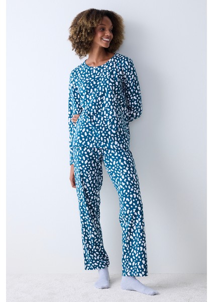 Blue Leopard Petrol Yeşili Pantolon Pijama Takımı