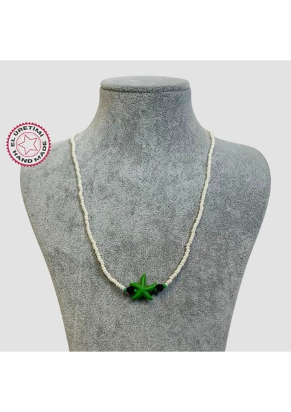 El Yapımı Kum Boncuk Deniz Yıldızı Figürlü Kolye - Beyaz